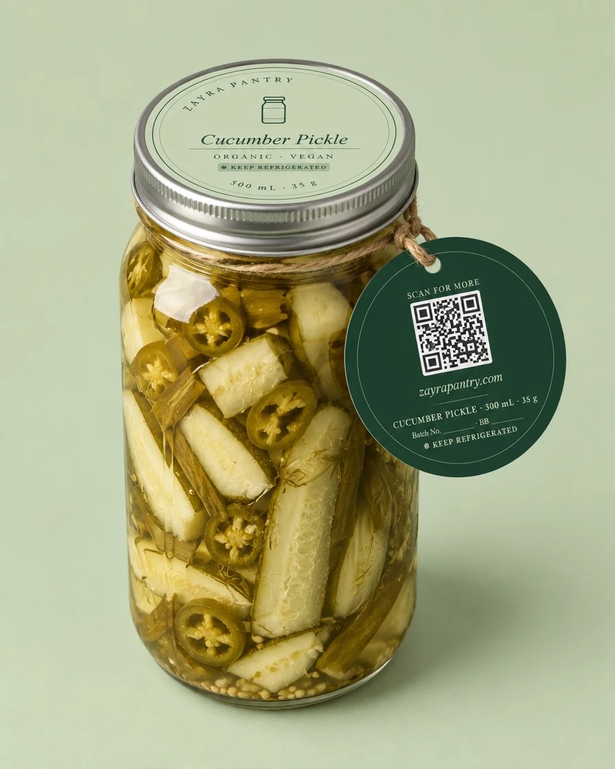 Cucumber pickle 500 mL jar with hang tag, three-quarter angle, sage backdrop