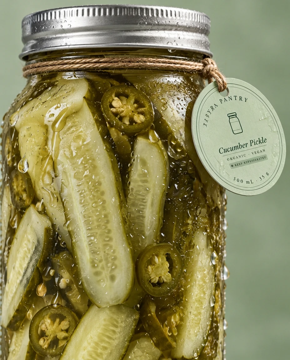 Chilled cucumber pickle jar with condensation, close-up