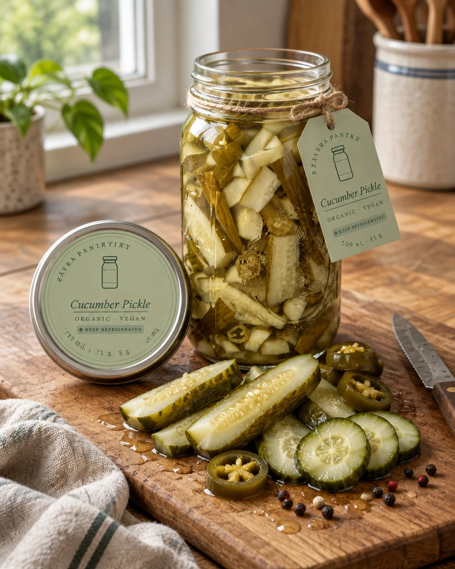 Cucumber pickle slices on a board beside the open jar and lid