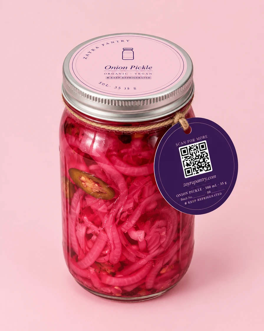 Onion pickle 500 mL jar with hang tag, three-quarter angle, soft pink backdrop