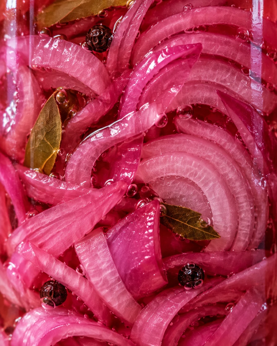 Macro of naturally pink onion layers with bay leaf and peppercorns through the jar glass