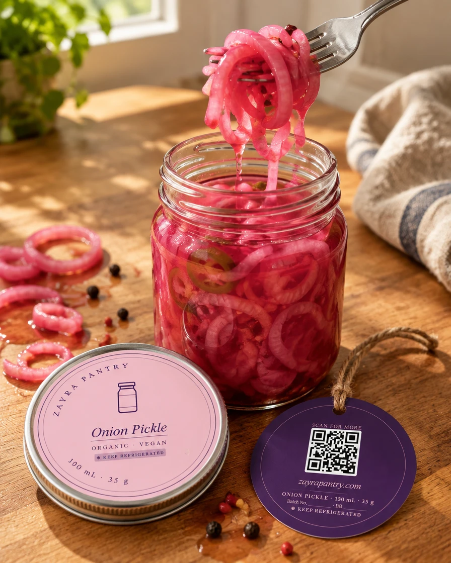 Fork lifting pink onion rings from the open jar on a sunlit table